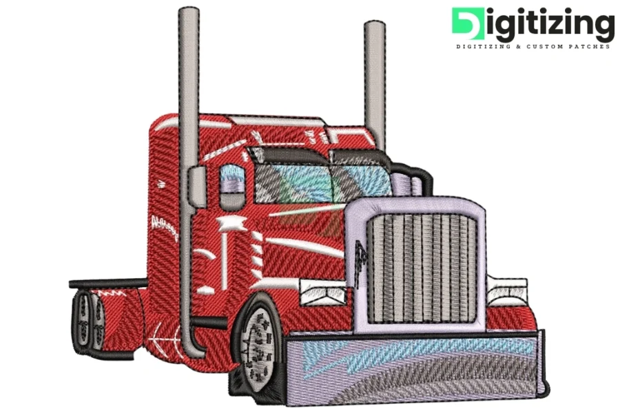 Red Semi-Truck Embroidery Digitizing