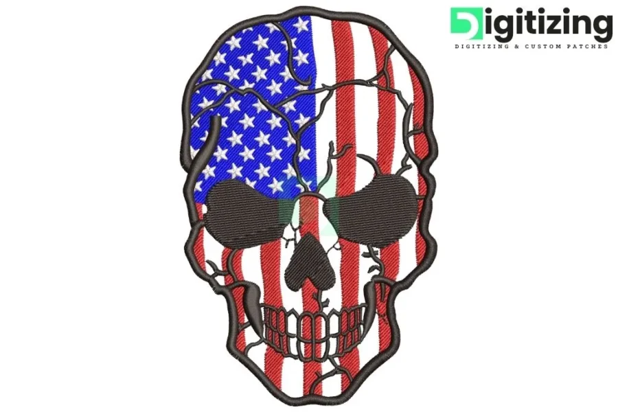 Skull With USA Flag Embroidery Digitizing